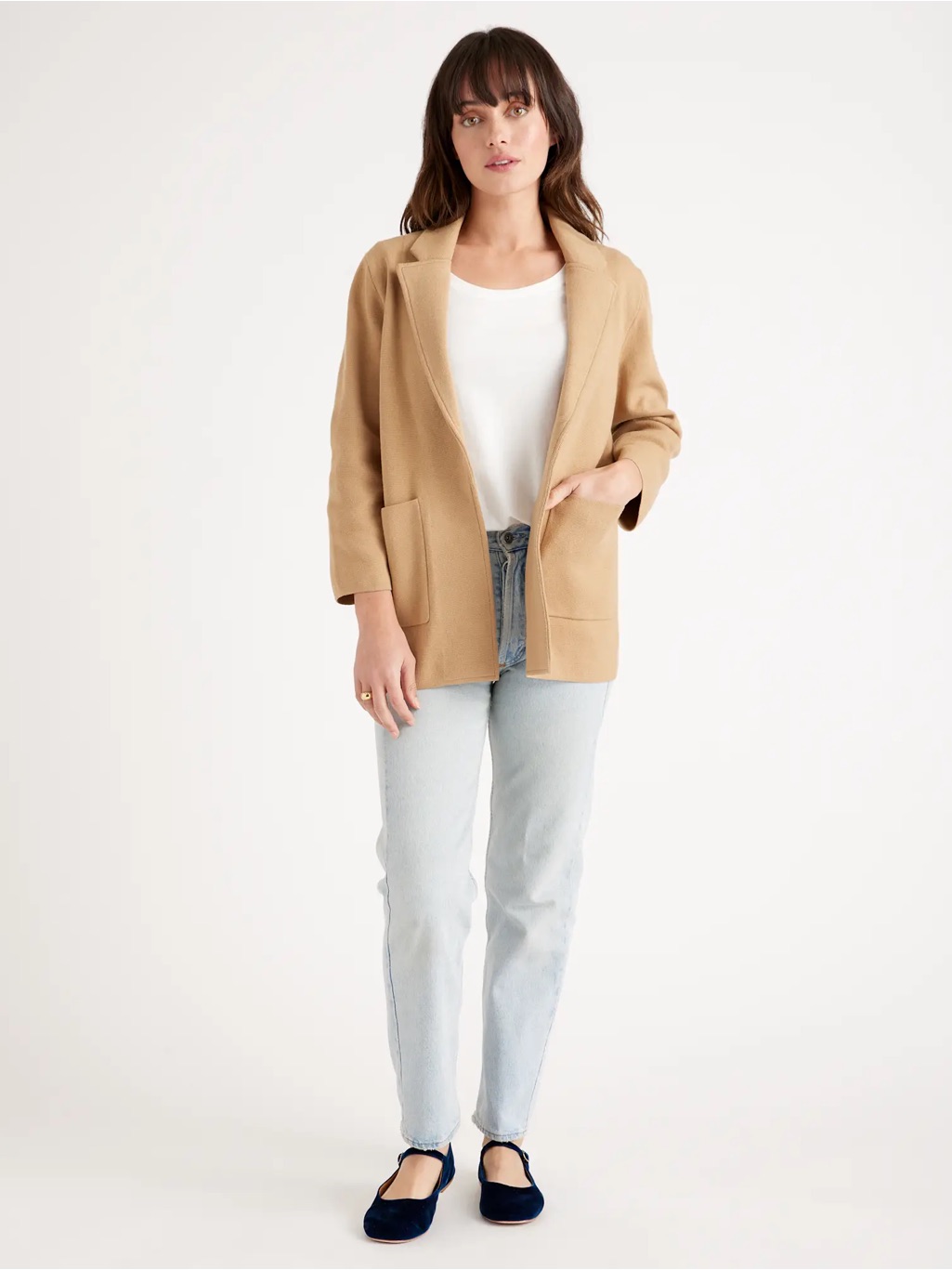 Quince Camel Open-Front Blazer Jacket